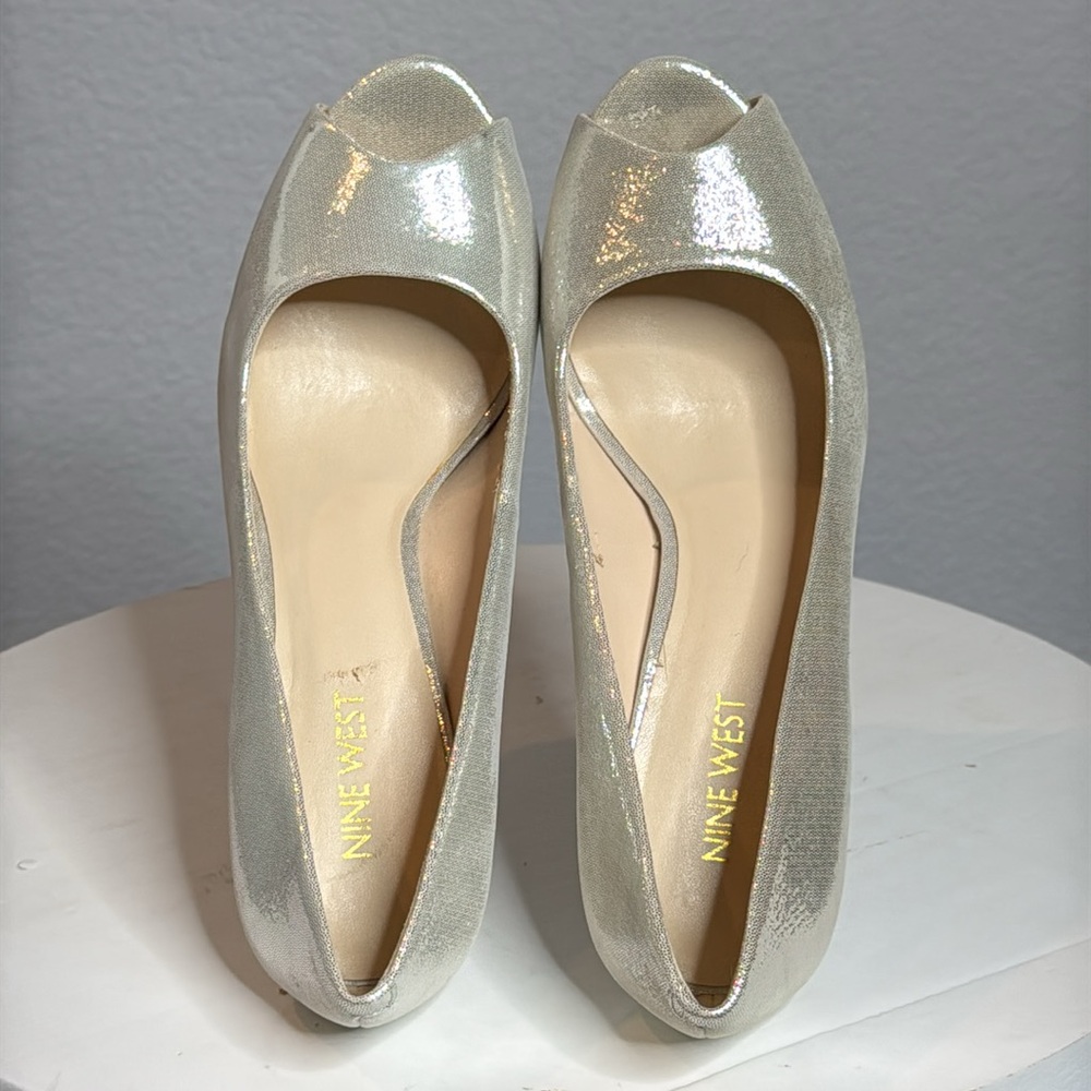 NINE WEST QTPIE METALLIC LEATHER PEEP TOE PLATFORM HEELS - Picture 11 of 15